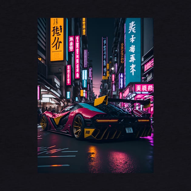 Dark Neon Sports Car in Japanese Neon City by star trek fanart and more